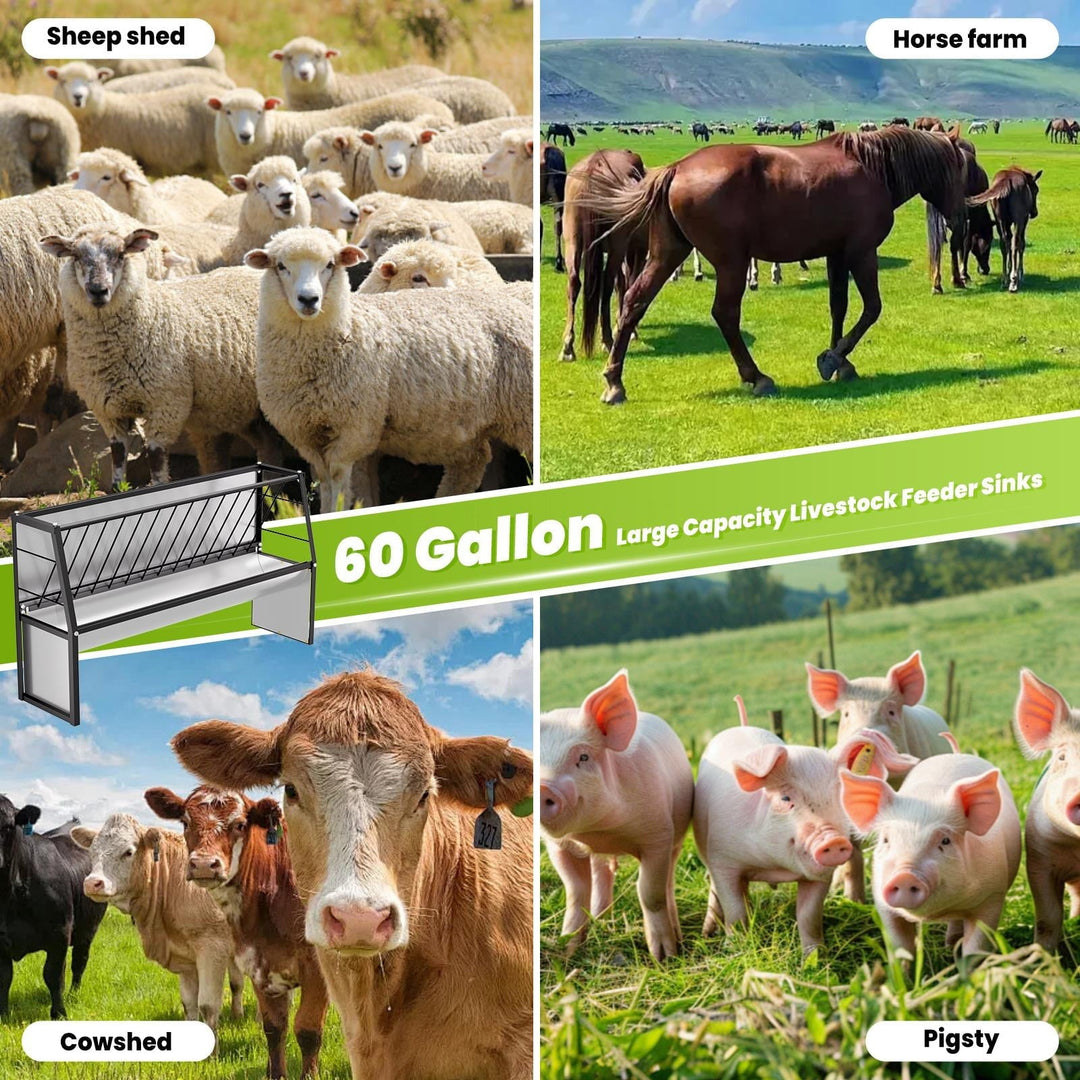 60 Gallon Feeder, Durable Galvanized Steel Pasture Feeder, Non - Deformed for Horses, Cows, Pigs in Outdoor Pasture, Farm Field, Animal Enclosure