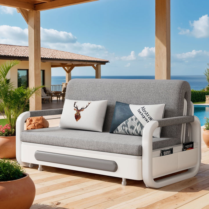NessCarsti Outdoor Sofa Daybed with Pull-Out Trundle, Convertible Sleeper Couch for Patio or Balcony, 34.6" D x 62.2" W x 34.2" H, Gray/White