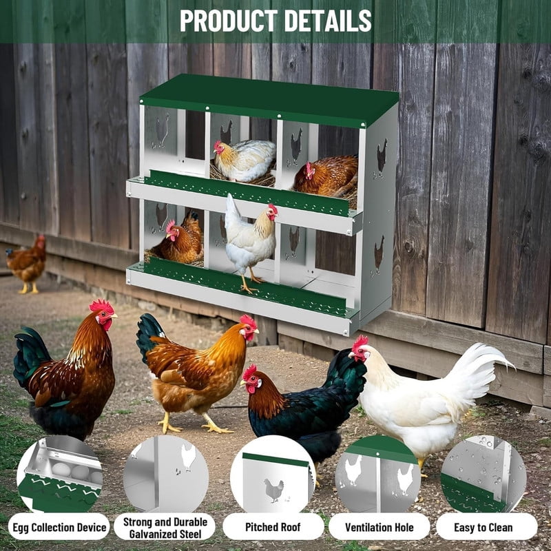 Chicken Nesting Box 6 Compartments Laying Boxes, Metal Chicken Egg Laying Box with Rollout Egg Collection, Large Vented Holes Chicken Coop for Chickens, Hens (Green)