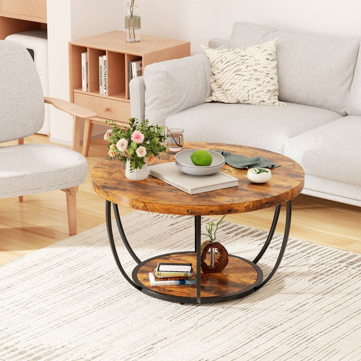 LUMAMIN 31.5" Round Coffee Table with Storage, 2 Tier Modern Small Wood Center Table with Metal Legs for Living Room, Bedroom, Rustic Brown