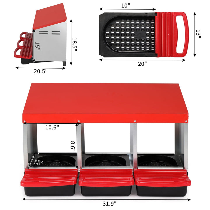 ZephyPaws Metal Chicken Nesting Box with Plastic Basket, 3 Compartments Chickens Egg Laying Nest Boxes with Roll Out Egg Collection for Hens Chicken Coop, Red