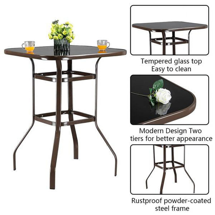 Matte Brown Iron Outdoor Bar Table, 31.5" Square Black Tempered Glass Top, Double-Ring Reinforced, for Home/Bar/Restaurant
