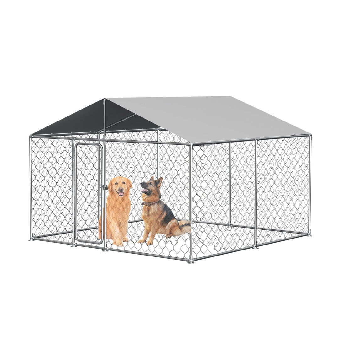 Large Dog Kennel Outside, Heavy Duty Galvanized Steel Outdoor Dog Kennel with Waterproof UV-Resistant Cover, Lockable Door Chain Link Playpen for Small to Large Pets (120"x120"x84")