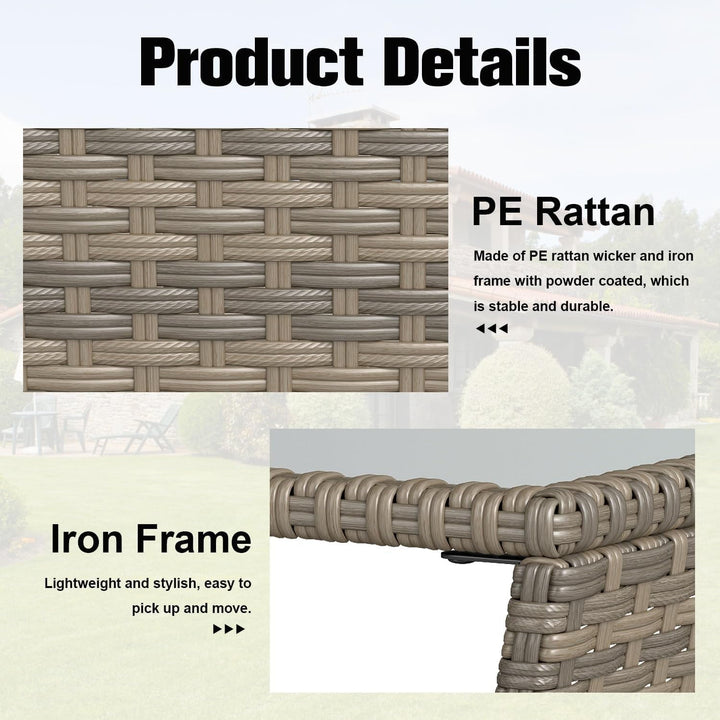 Kinbor Small Patio Table, Tempered Glass Top Outdoor Wicker Side Table with Storage Shelf, Durable PE Rattan & Iron Frame, Mixed Dark Brown