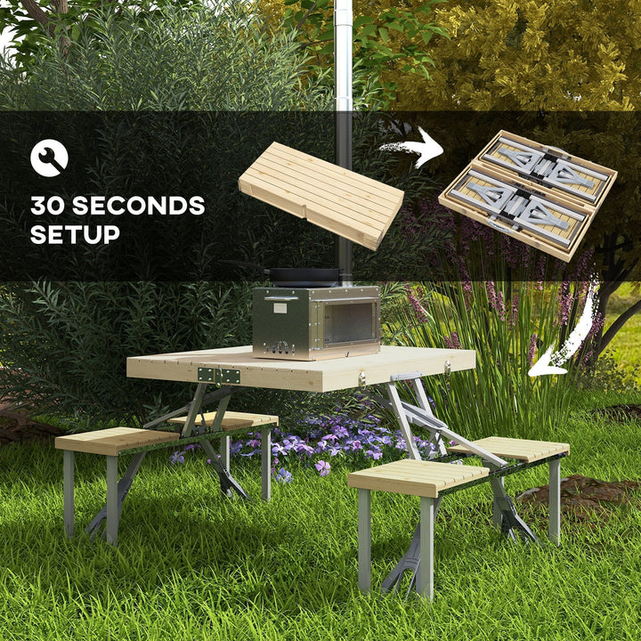 Outsunny Portable Folding Picnic Table with Built-in Umbrella Hole and Aluminum Frame, Includes 2 Foldable Wood Chairs for Patio, Yard & Beach