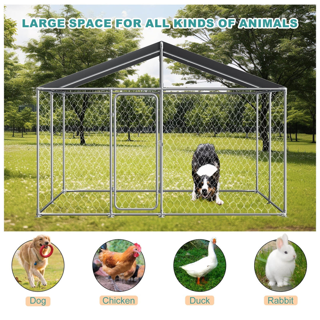 Large Dog Kennel Outside, Heavy Duty Galvanized Steel Outdoor Dog Kennel with Waterproof UV-Resistant Cover, Lockable Door Chain Link Playpen for Small to Large Pets (120"x120"x84")