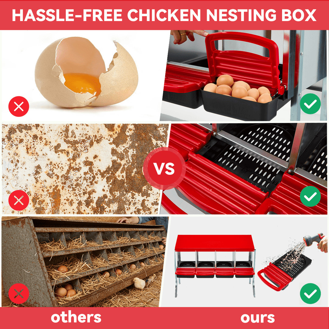 EROMMY Chicken Nesting Box, 4 Compartment Metal Chicken Laying Box, Chicken Brooder Box with Egg Collection for Chicken Coop, Wall Mount or Free Standing, Red