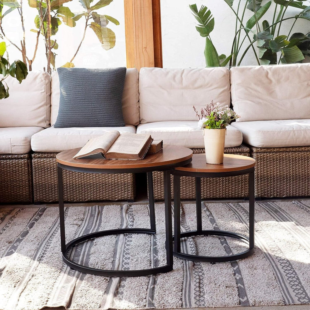 Modern Industrial Round Nesting Coffee Table Set of 2 – Sturdy Metal Frame Side & End Tables for Living Room, Bedroom, Apartment – Simple Nightstand or Centerpiece
