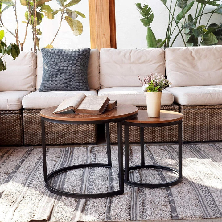 Modern Industrial Round Nesting Coffee Table Set of 2 – Sturdy Metal Frame Side & End Tables for Living Room, Bedroom, Apartment – Simple Nightstand or Centerpiece