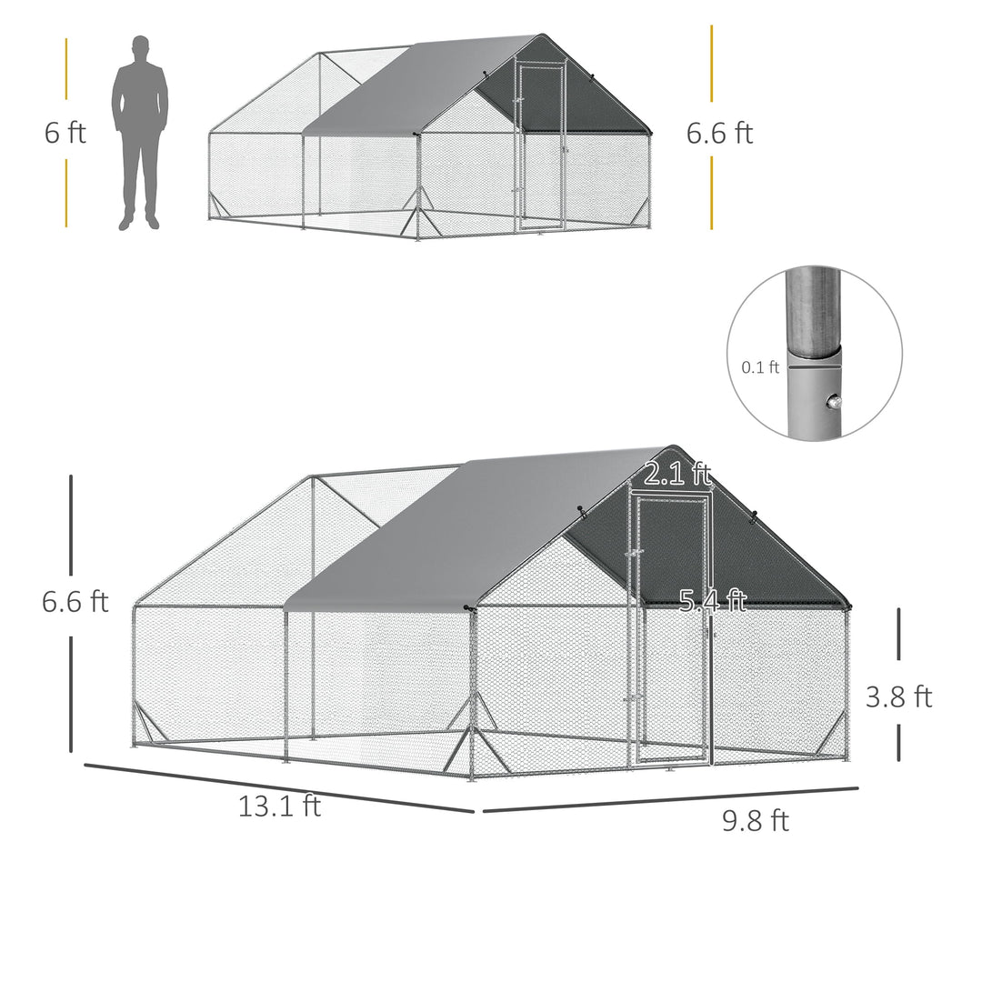 Large Chicken Coop Metal Chicken Run with Waterproof and Anti-UV Cover, Spire Shaped Walk in Fence Cage Hen House for Outdoor and Yard Farm Use, 1" Tube Diameter, 9.8' x 13.1' x 6.6'
