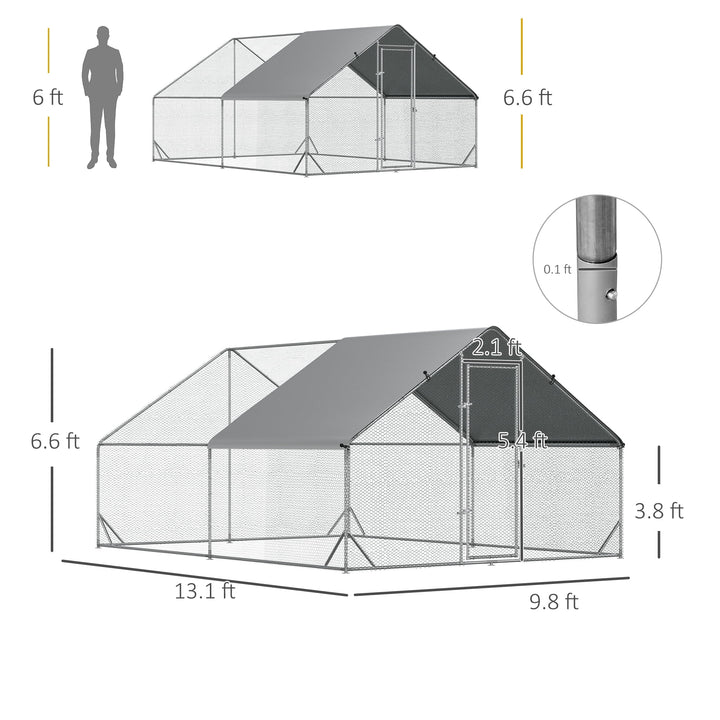 Large Chicken Coop Metal Chicken Run with Waterproof and Anti-UV Cover, Spire Shaped Walk in Fence Cage Hen House for Outdoor and Yard Farm Use, 1" Tube Diameter, 9.8' x 13.1' x 6.6'