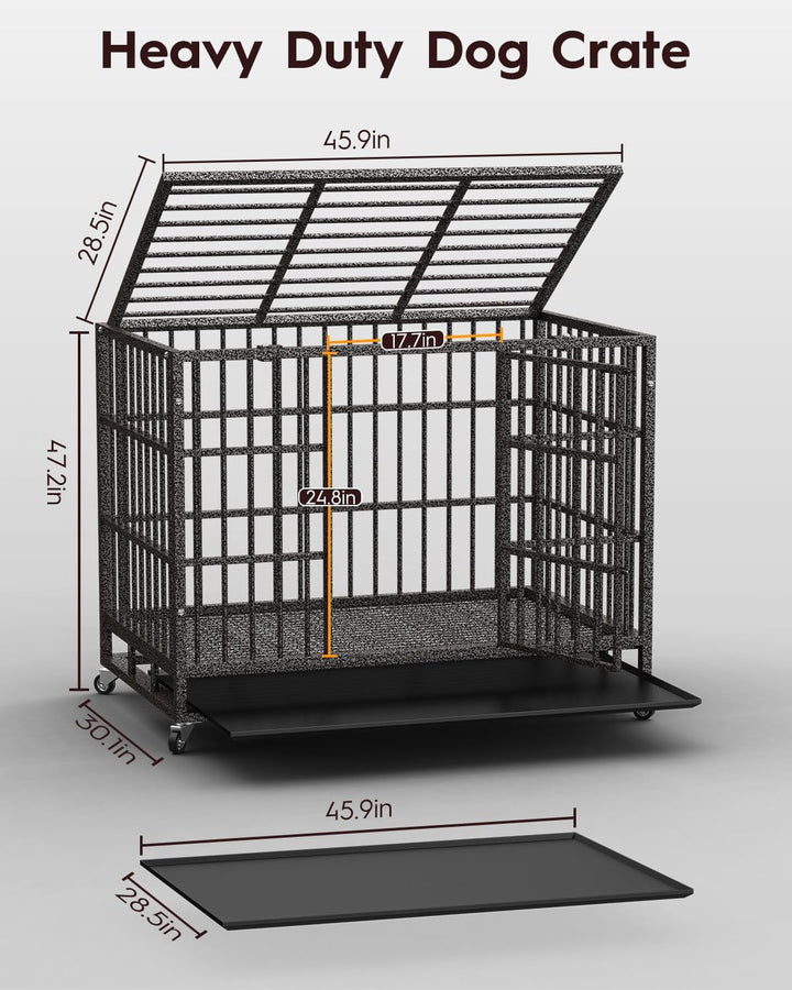 Petorldog 48" Heavy Duty Dog Crates for Large Dogs, Indestructible Escape Proof Kennel, Upgraded Reinforced Baseplate, Lockable Wheels, Spacious Capacity