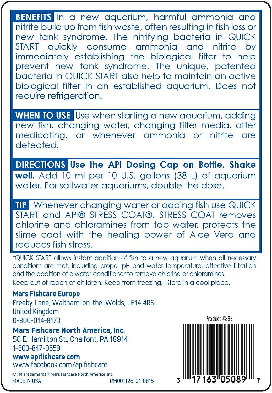 API QUICK START Freshwater and Saltwater Aquarium Nitrifying Bacteria 16-Ounce Bottle