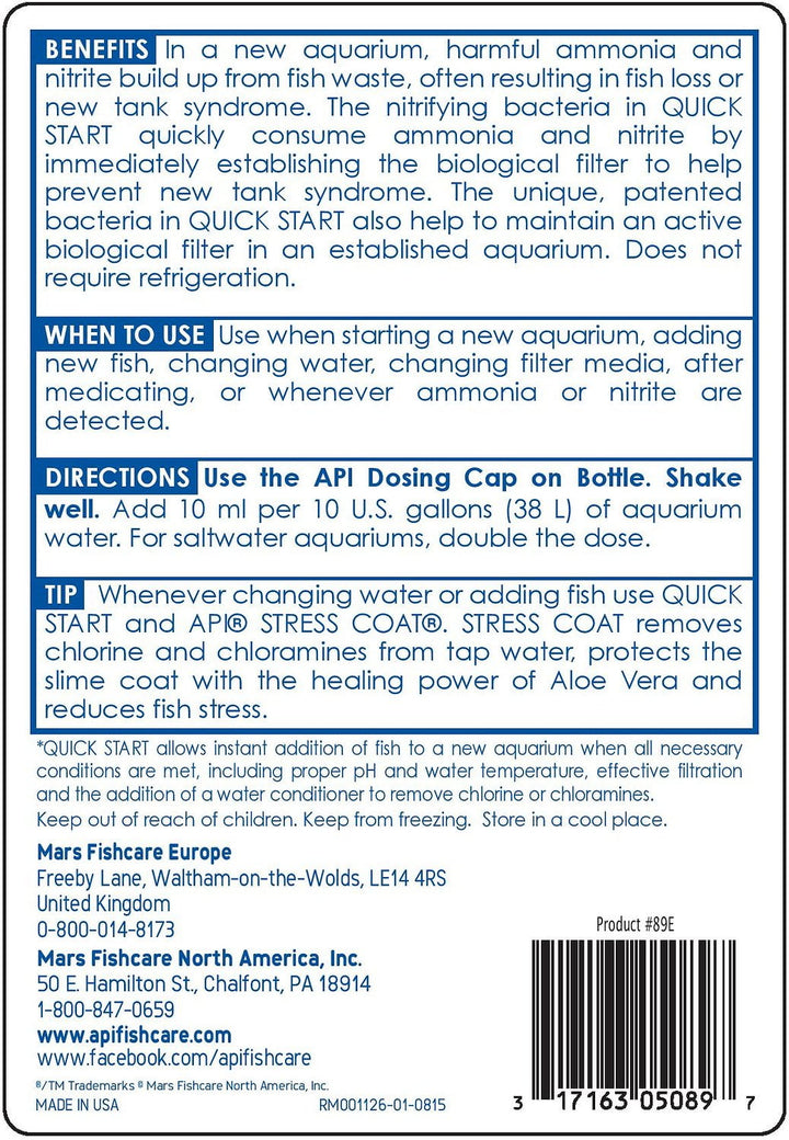 API QUICK START Freshwater and Saltwater Aquarium Nitrifying Bacteria 16-Ounce Bottle