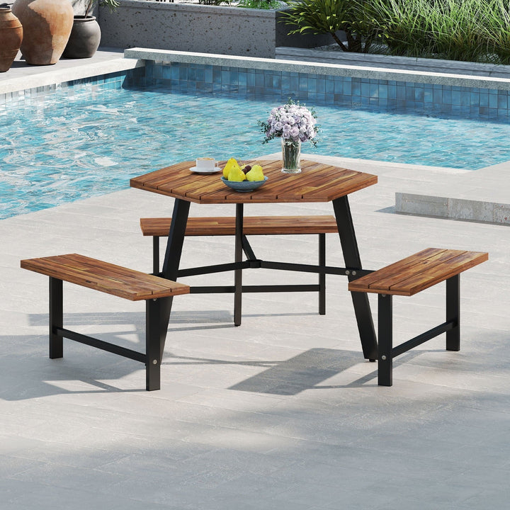 Gymax 6 Person Acacia Wood Picnic Table Bench Set w/3 Seats Umbrella Hole Metal Frame