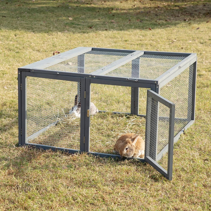 PRZL Chicken Coop Run Rabbit Hutch, Portable Chicken Cage Pens with Top & Side Opening Doors, Folding Wooden Chicken Coop, Outdoor Indoor Small Animal Playpen, Chicken Brooder Box, 45.3Inch (Grey)