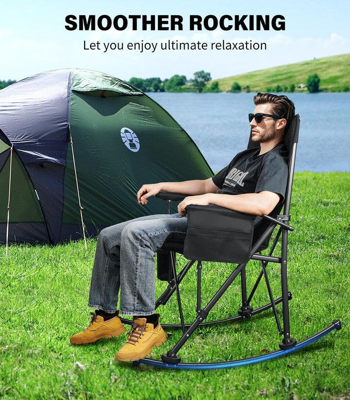 Raynesys Rocking Camping Chair Supports 440 LBS,Outdoor Rocking Chair with Cup Holder & Side Pocket for Patio Lawn,Black