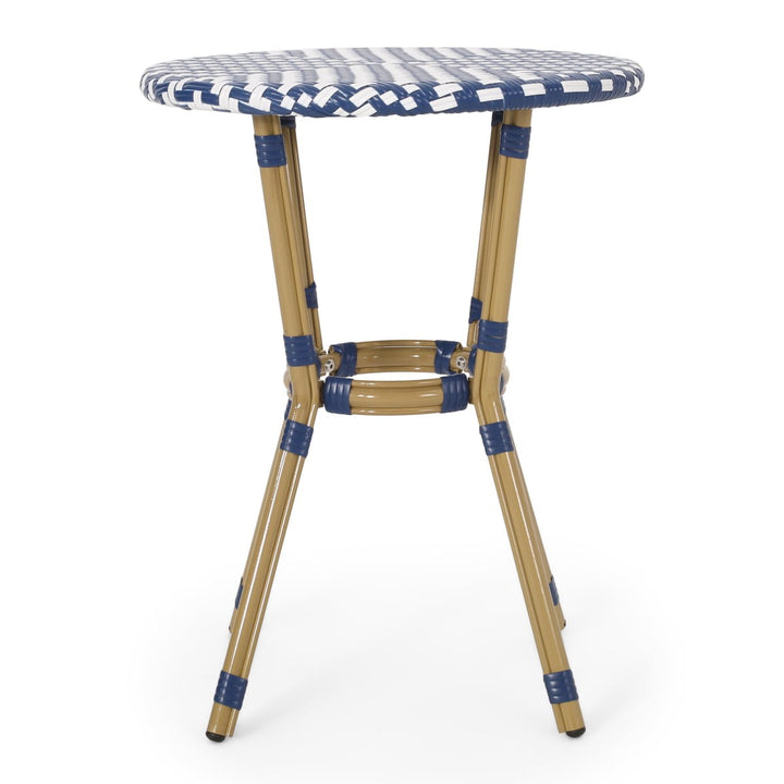 IVV 21.75” Round Bistro Dining Table with Aluminum Frame and Rattan Top in Blue/White, French Country Style for Indoor/Outdoor Use