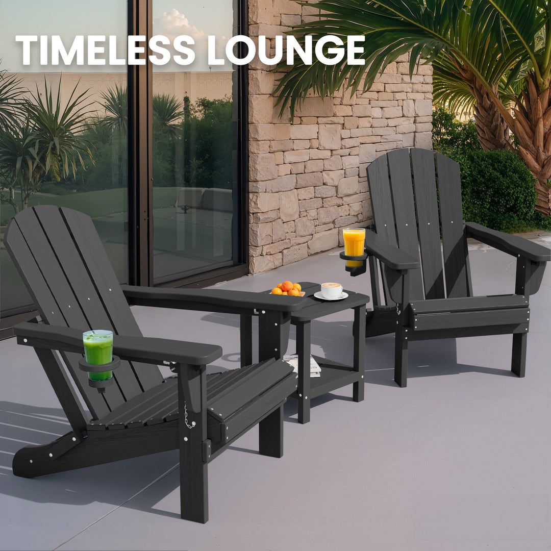 SERWALL 3PC Adjustable Folding Adirondack Chair set and Double Side Table, For Outdoor, Patio, Poolside, Garden, Black