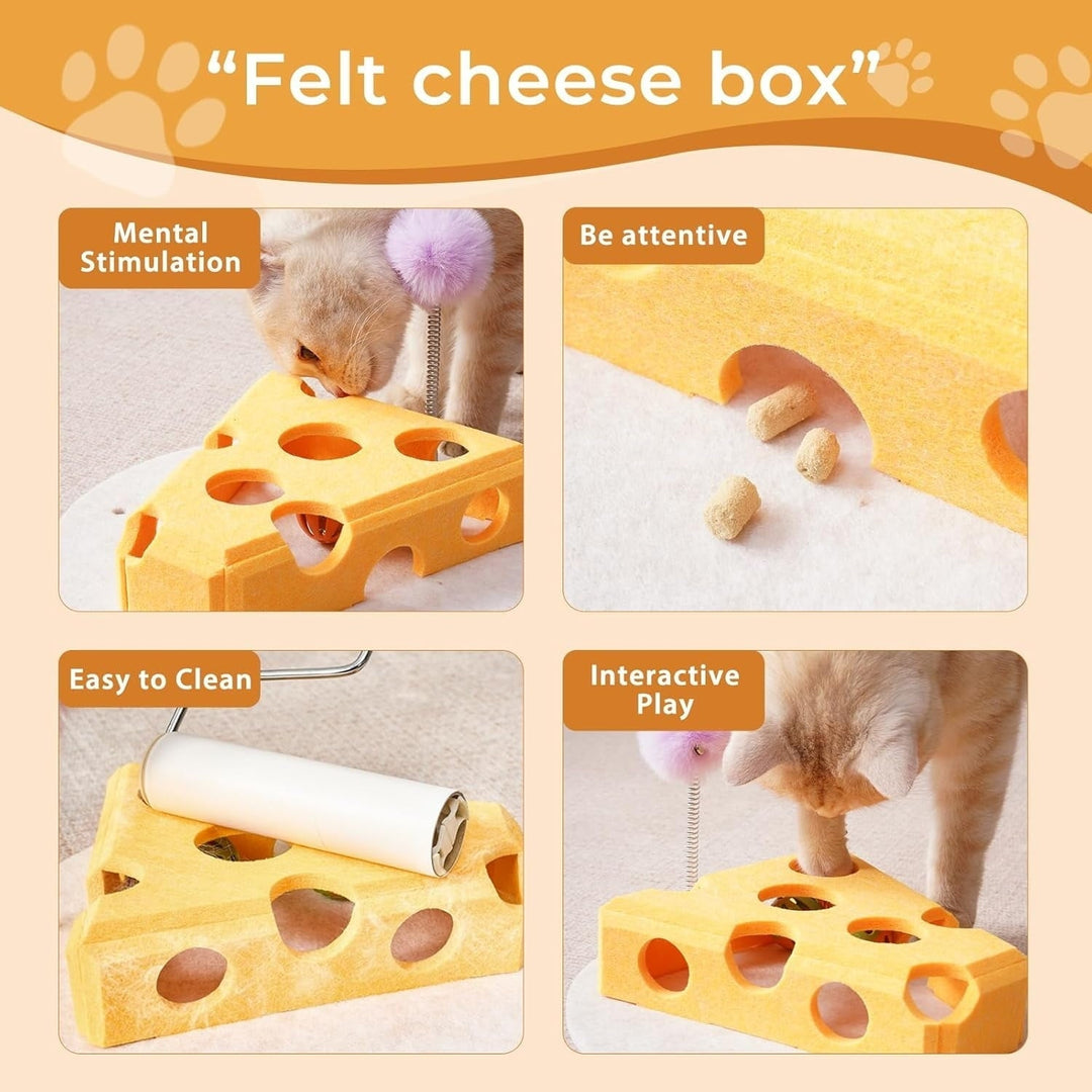 Cat Puzzle Toy with Balls & Spring Teaser – Felt Cat Toy Box for Indoor Cats, Suction Cup Base, Treat Puzzle for Solo Play, Mental Stimulation, Self Play, Hunting & Enrichment (Yellow)