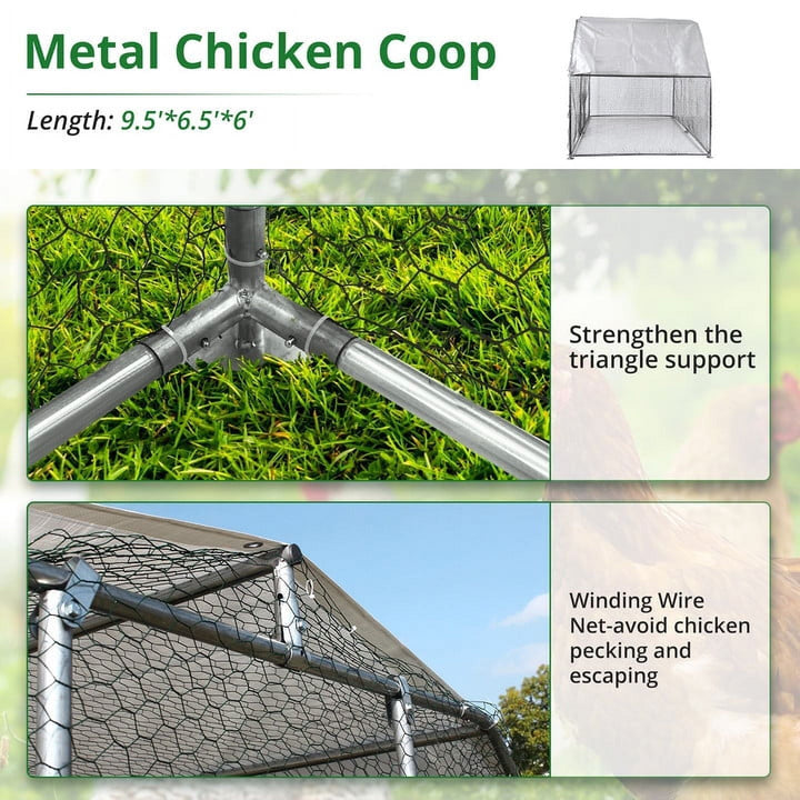 Large Metal Chicken Coop, Chicken Runs with Galvanized Wire Mesh, Steel Material Enclosure Chicken Pen, Walk-in Animal Playpen for Chicken Hen Rabbit Duck, 6.5'x9.5'x6'