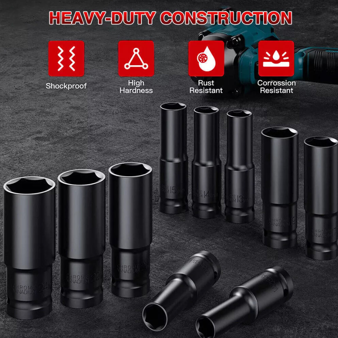 10pc Metric Deep Impact Socket 1/2" Drive 10mm-24mm 6 Point Sockets w/ Case Set