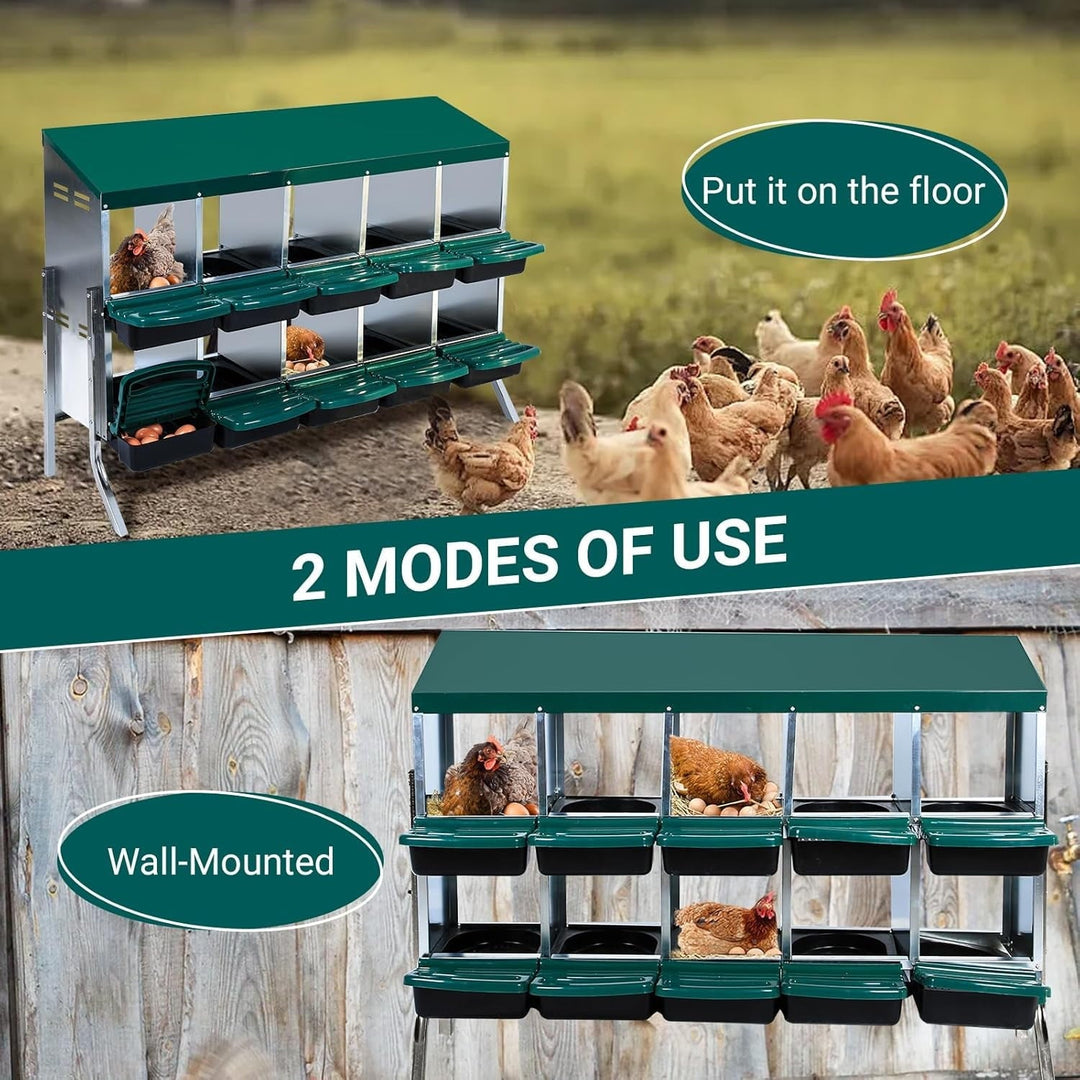 Pinypikaka Chicken Nesting Box with Bracket Legs, 10 Compartments Nesting Boxes for Chickens, Chicken Laying Boxes, Roll Away Nesting Box for Chickens Laying Egg with Lid Cover