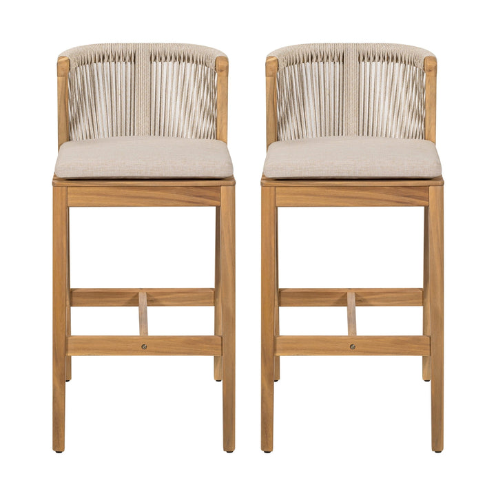 Christopher Knight Home 28" Outdoor Wood Bar Stool with Woven Rope Backrest and Removable Cushion, Beige