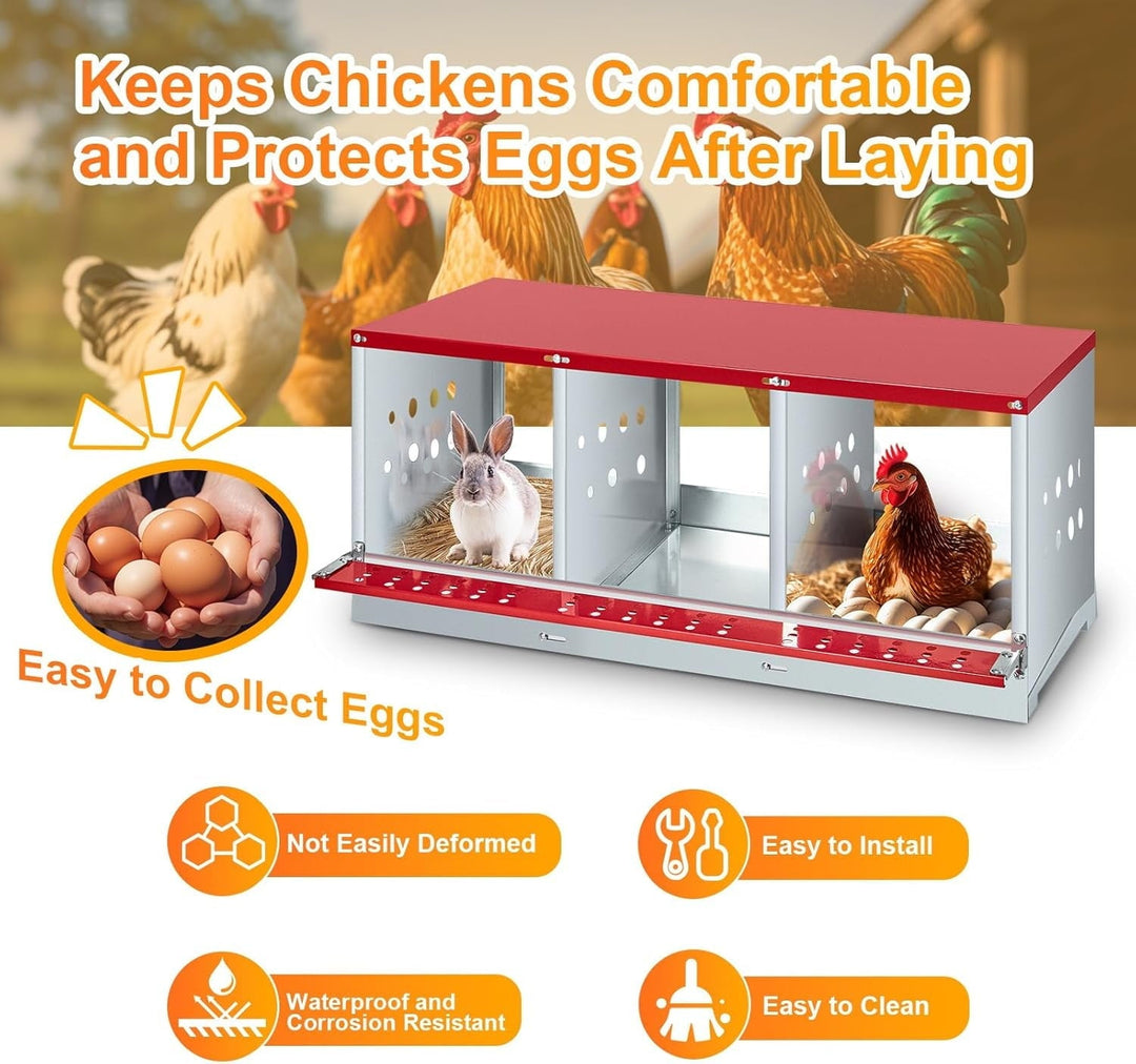 M optimized Chicken Nesting Boxes for Laying Eggs, Metal Chicken Nesting Box with Vented Holes and Swing Perch for Chicken Coop, Egg Laying Boxes for Chickens, Hens, Ducks, 3 Compartments