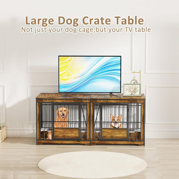 71 Inch Double Dog Crates Furniture for Large Dogs, Heavy Duty Dog Kennel Indoor with Adjustable Divider and 4 Bowls, XXL Dog Cage Furniture TV Stand Table for 2 Large Dogs, Brown