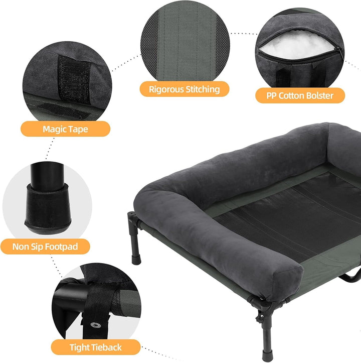Elevated Large Dog Bed : Raised Pet Mesh Cooling Cot with Breathable Soft Mat - Doggie Outdoor Camping Hammock Portable with Removable Bolster for Outside Pool Side and Garden