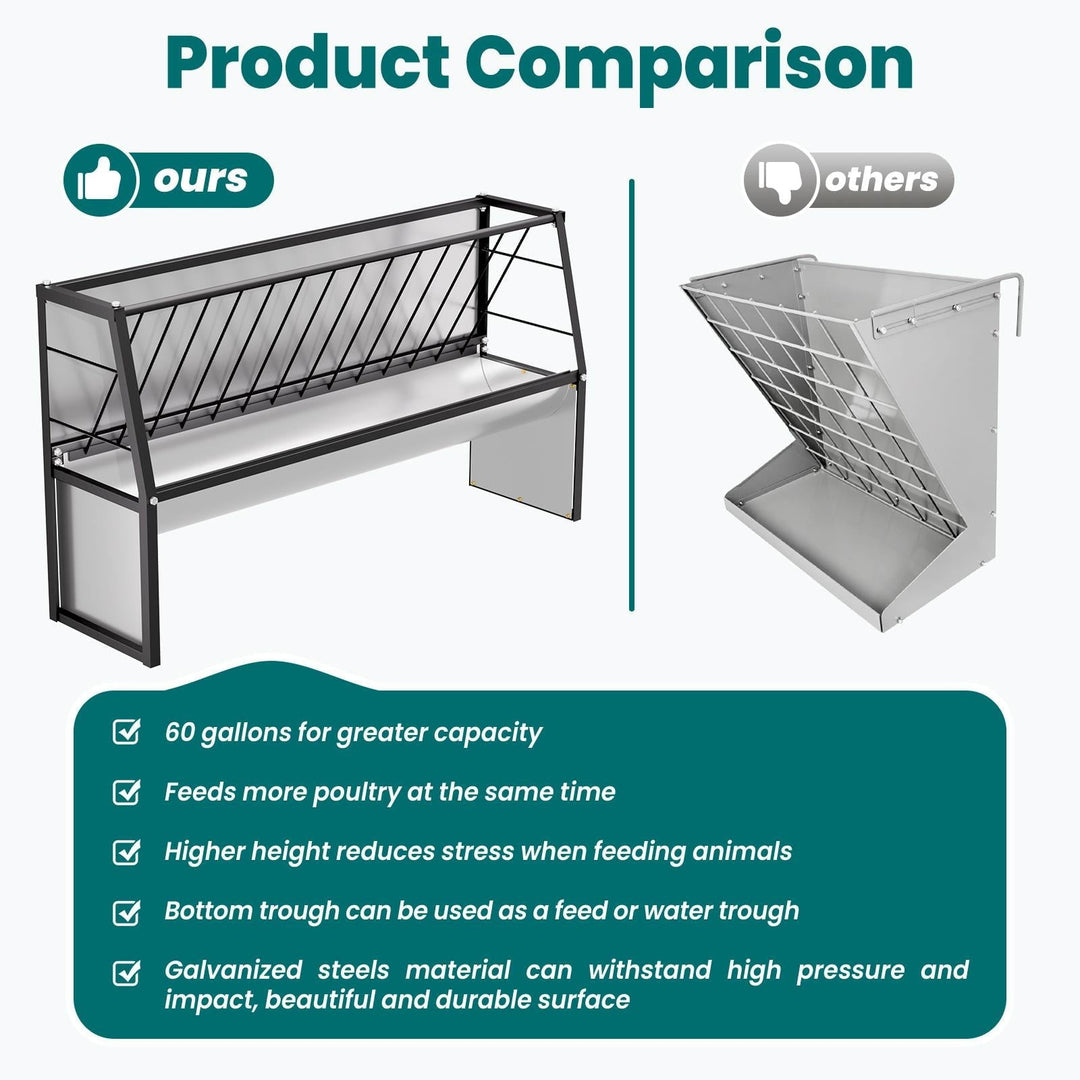 60 Gallon Feeder, Heavy Duty Galvanized Steel Pasture Hay Feeder, Large Capacity for Goats, Sheep, Miniature Horses in Ranch, Barn Yard, Grazing Area