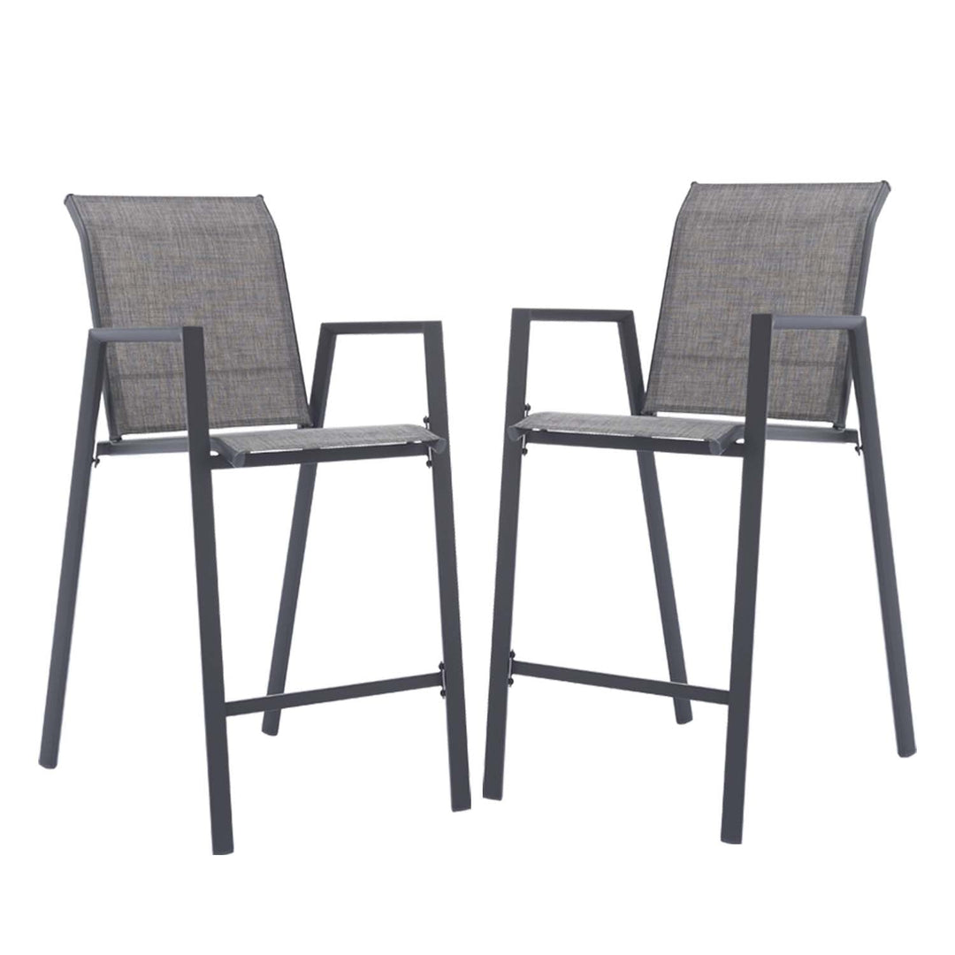 Outdoor Bar Stools Set of 2, High Back Metal Barstools with Armrest, All-Weather Patio Stools for Balcony or Deck, Gray