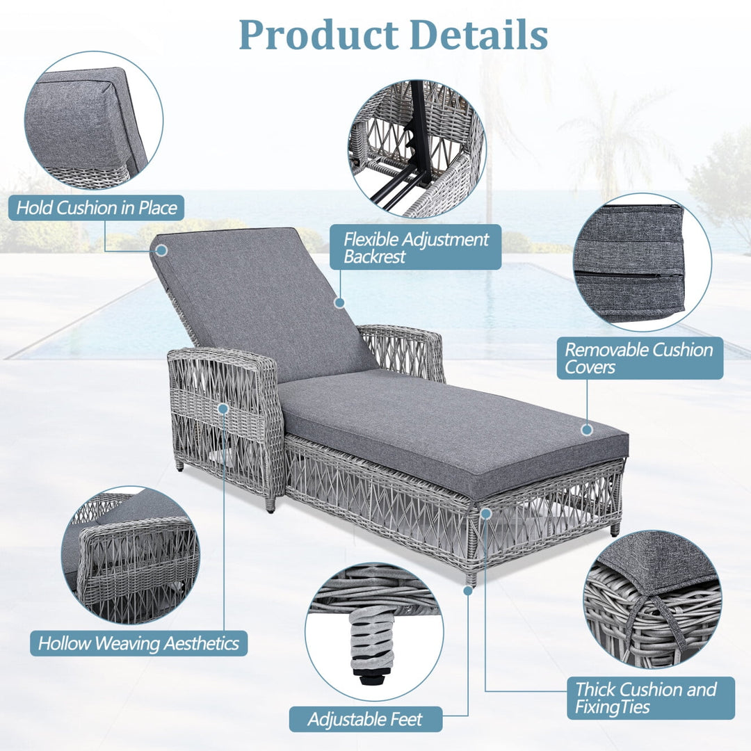 Outdoor Long Reclining Chaise, Wicker Lounge Chairs with 4 Level Position Adjustable Backrest, All Weather Patio Recliner with Armrests & Removable for Poolside Garden, Grey