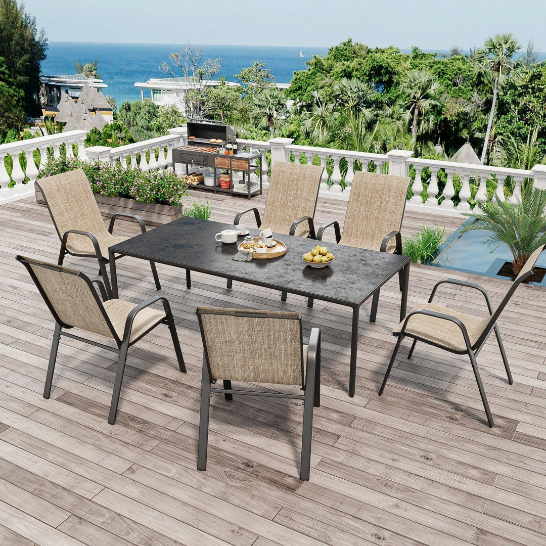 CHINNLUU Patio Dining Chairs Set of 4 Outdoor Stackable Dining Chairs for All Weather 330lbs Capacity Heavy Duty Metal Frame Patio Furniture for Backyard Garden Poolside (Brown)