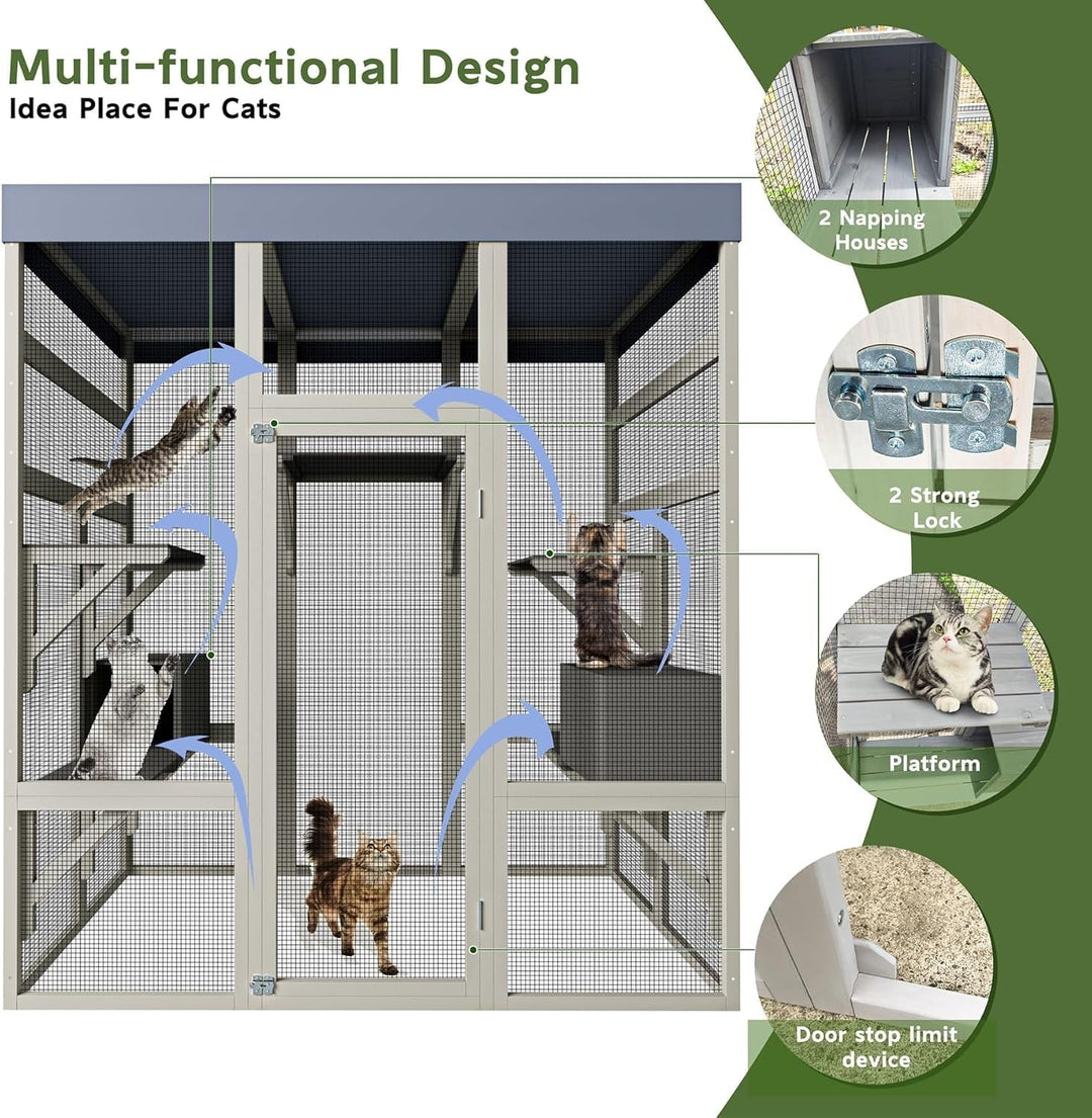 62.6 Inch Outdoor Cat House Big Catio Wooden Cat Shelter with Platforms, with 5 Platforms and 2 Rest Boxes, Upgraded Waterproof Cover, Rust-Proof Wire, Gray