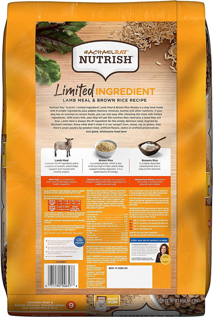 Rachael Ray Nutrish Limited Ingredient Lamb Meal & Brown Rice Recipe, Dry Dog Food, 14 Pound Bag (Packaging Design May Vary)