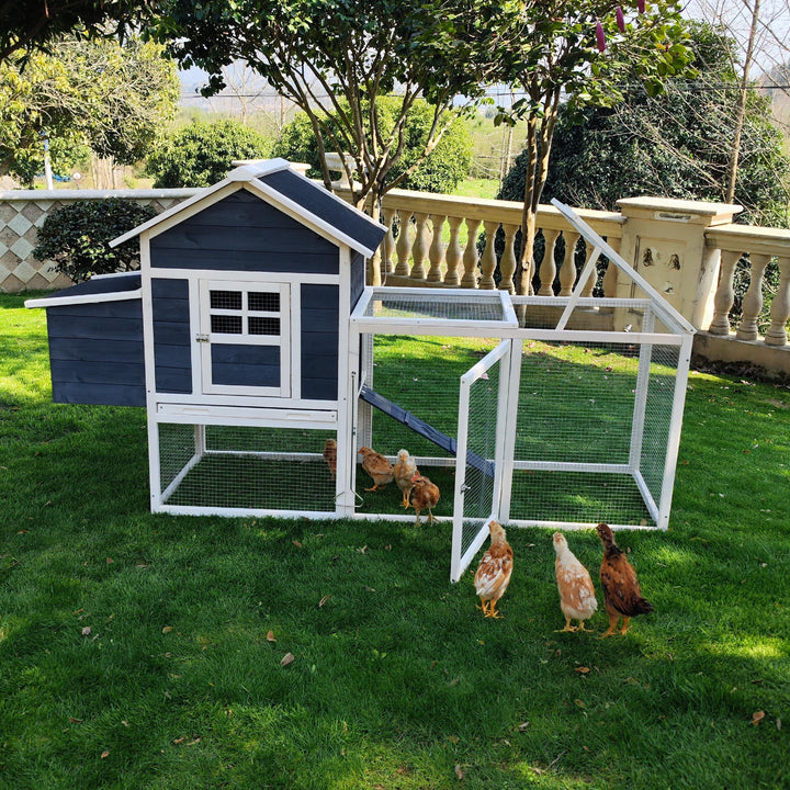 Outdoor Chicken Coop With Run Chicken Runs For Yard w/ Egg Box & Cover Wooden Hen House Rabbit Hutch w/ Tray, Gray