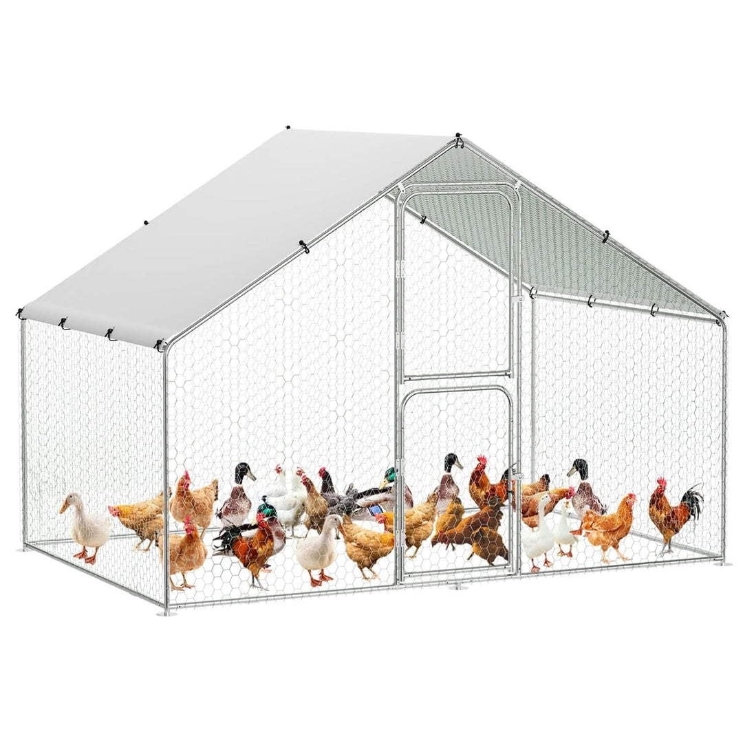 Pinypikaka Large Metal Chicken Coop Run with Double Doors & Waterproof and Anti-UV Roof Cover, 9.8' W x 6.5' D x 6.5' H Outdoor Walk-in Cage Peak Hen House for Yard Farm