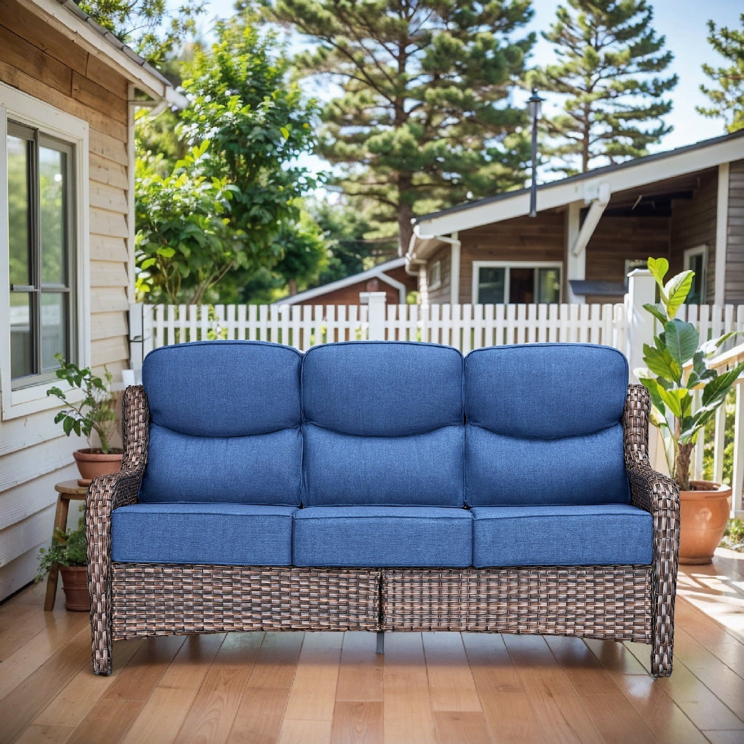 OPOHORO 71" Wide Brown Wicker Patio 3-Seat Couch, Weather Resistant Rattan Outdoor Furniture Sofa with Deep Seat for Patio Backyard Porch, Blue Cushion