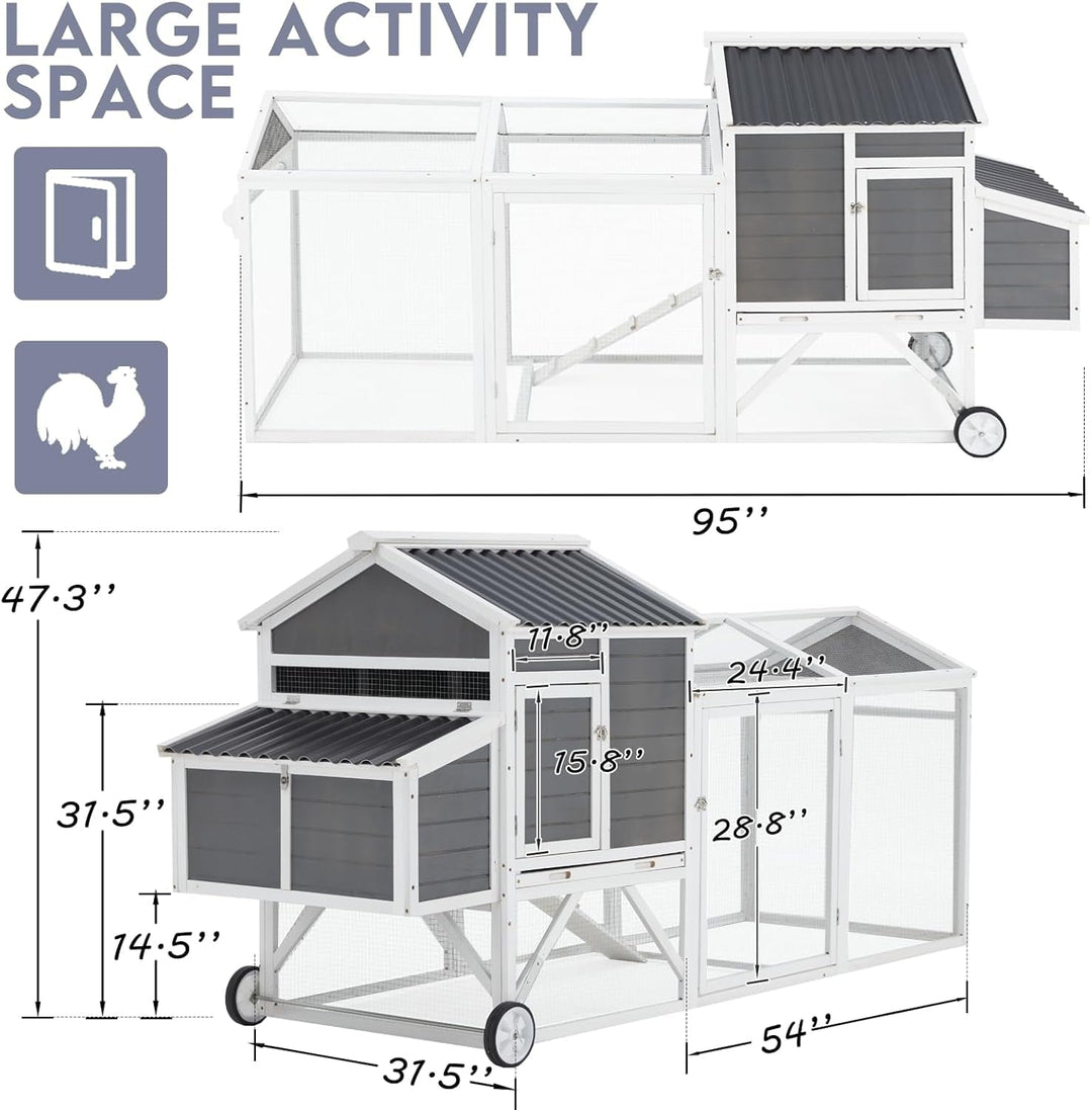 YODOLLA 95“ Chicken Coop with Wheels, Large Wooden Chicken Coop with Run & 2 Nesting Boxes Hen House Poultry Cage Chicken Hutch, Grey&White