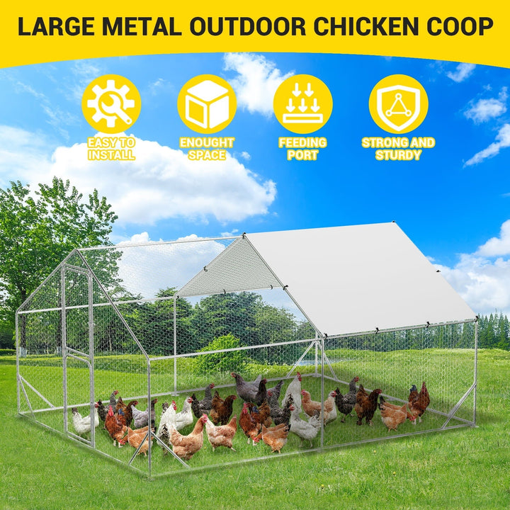 Lumiparty Large Metal Chicken Coop, Walking Poultry Cage Hen Run House Rabbits Habitat Cage Spire Shaped Coops, with Waterproof and Anti-Ultraviolet Cover for Backyard Farm, Silver