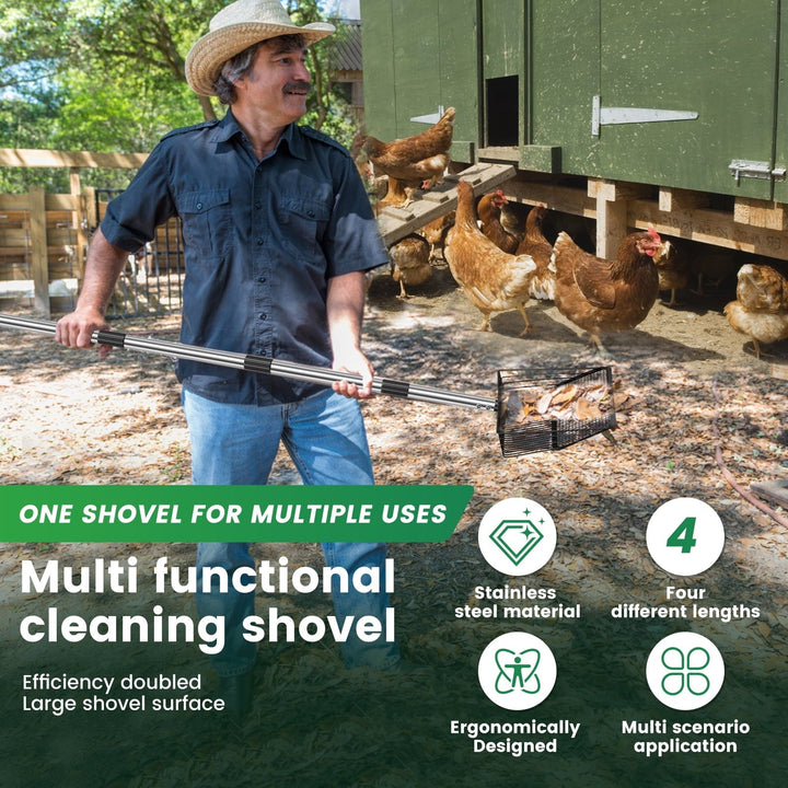 10-inch Large Chicken Poop Scooper with Ergonomic Grip, 4 in 1 Adjustable Chicken Coop Pooper Shovel (35 to 74"), Sifting Litter Shovel Scoop for Chicken Coop/Goat Stall/Stable Cleaning