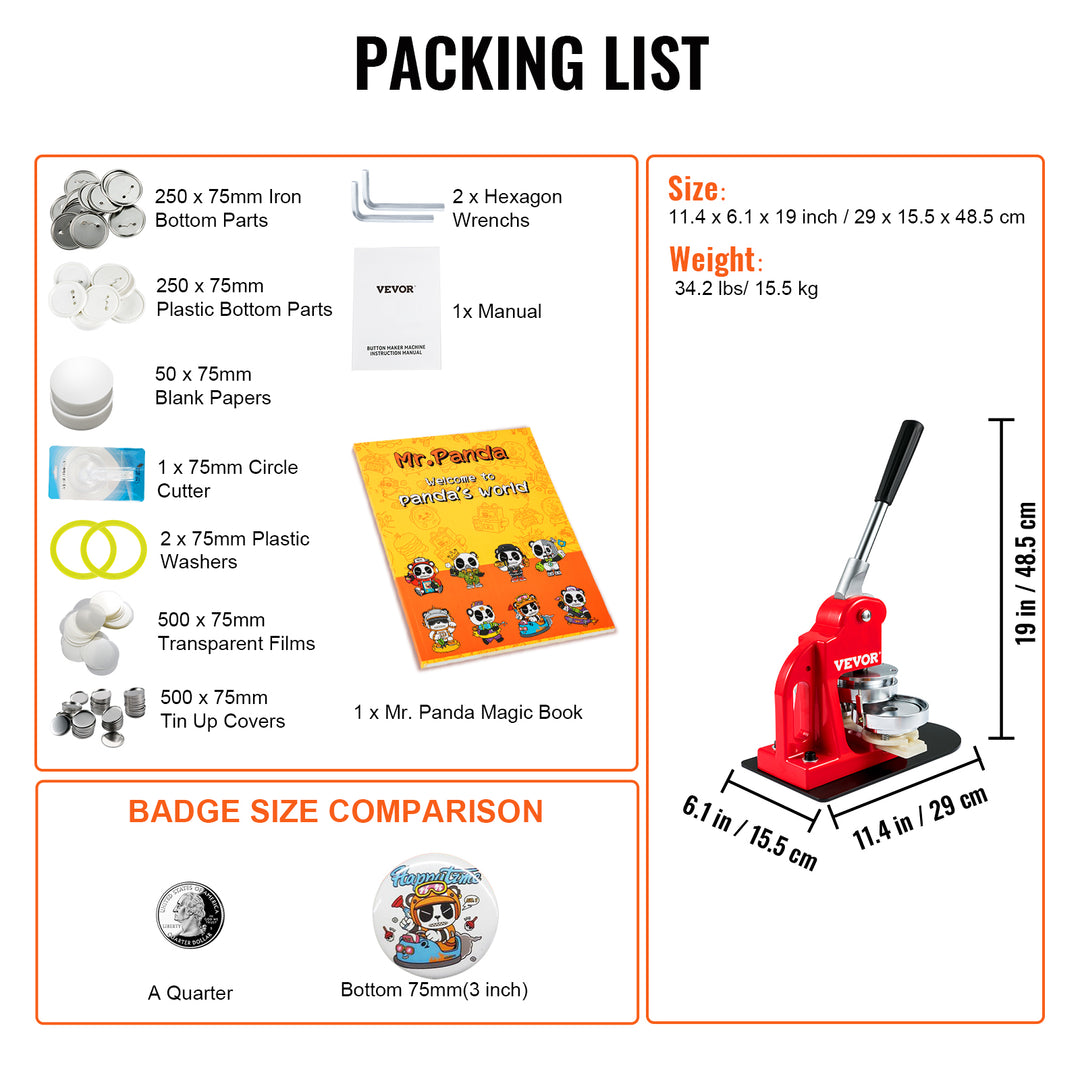 VEVOR 25/32/58/75MM Badge Maker Machine DIY Button Pin with 500Pcs Free Parts Press Kit Circle Manufacture Button Making Tool