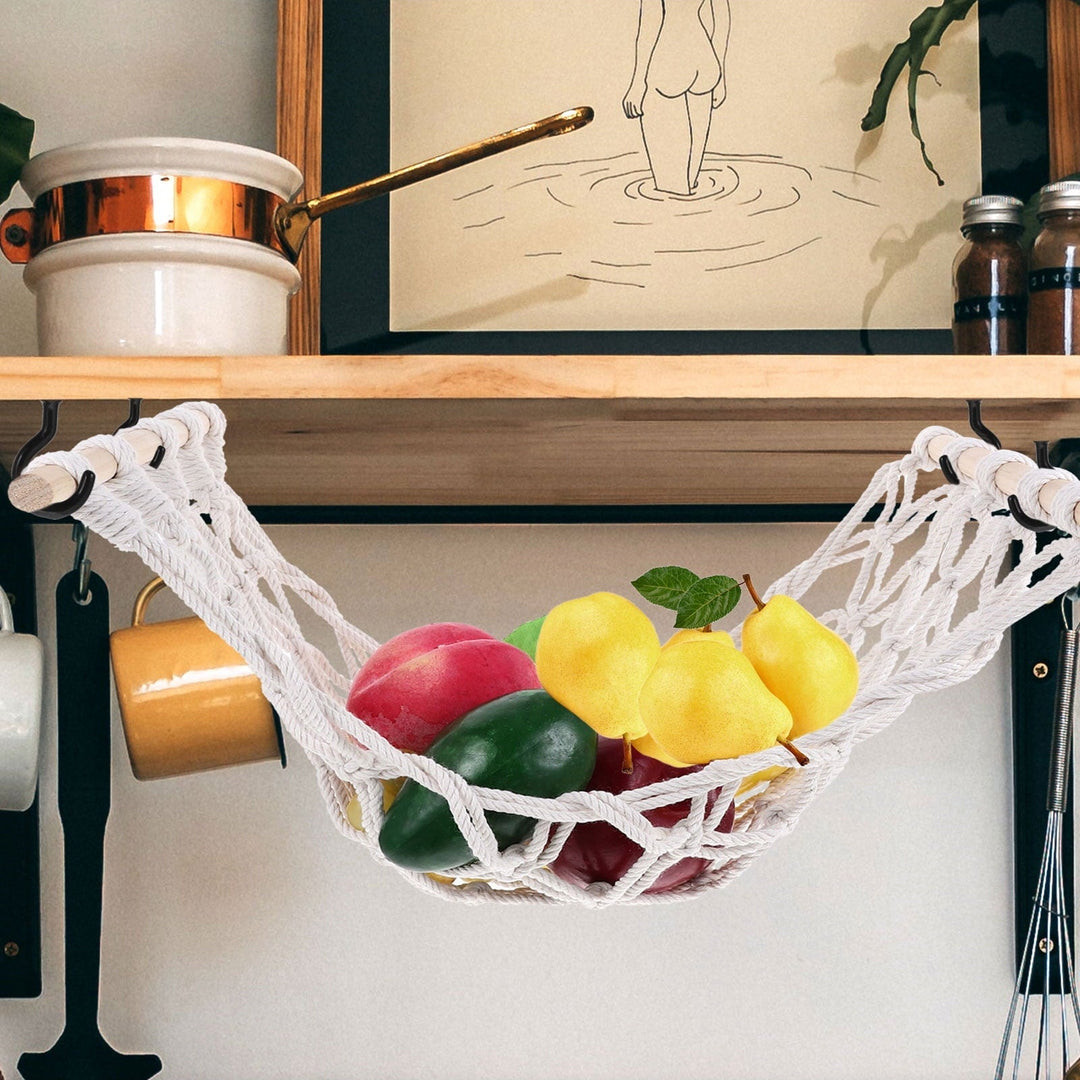 Minkissy 1Set Fruit Hammock with Cotton Rope and Wood Material for Organizing Fruits and Vegetables in Kitchen