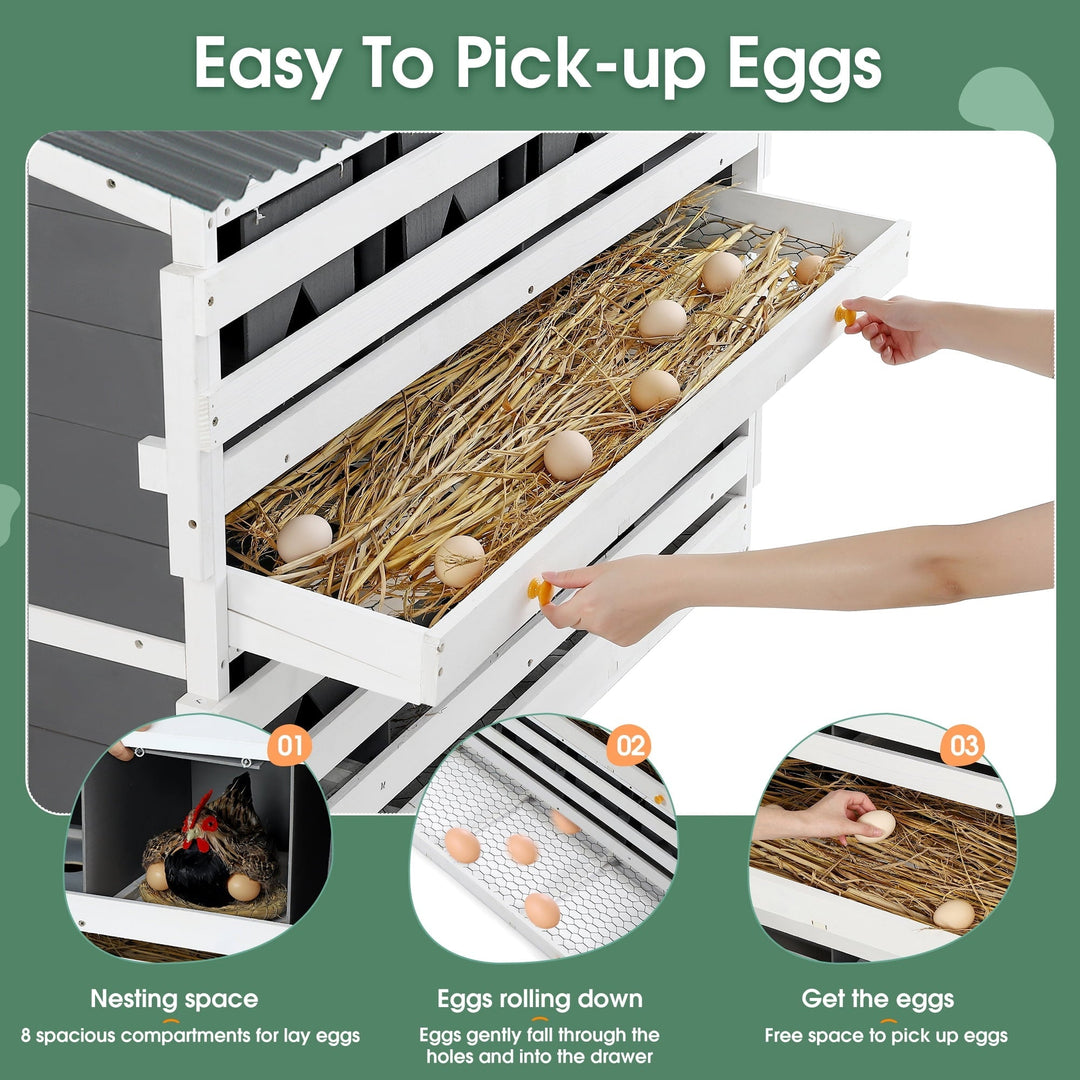 ZephyPaws Nesting Boxes for Chickens, Wooden Chicken Nesting Box, 8 Compartments Egg Laying Boxes for Hens, Ducks & Poultry with Rollout Eggs Collection, PVC Roofing and Foldable Perches
