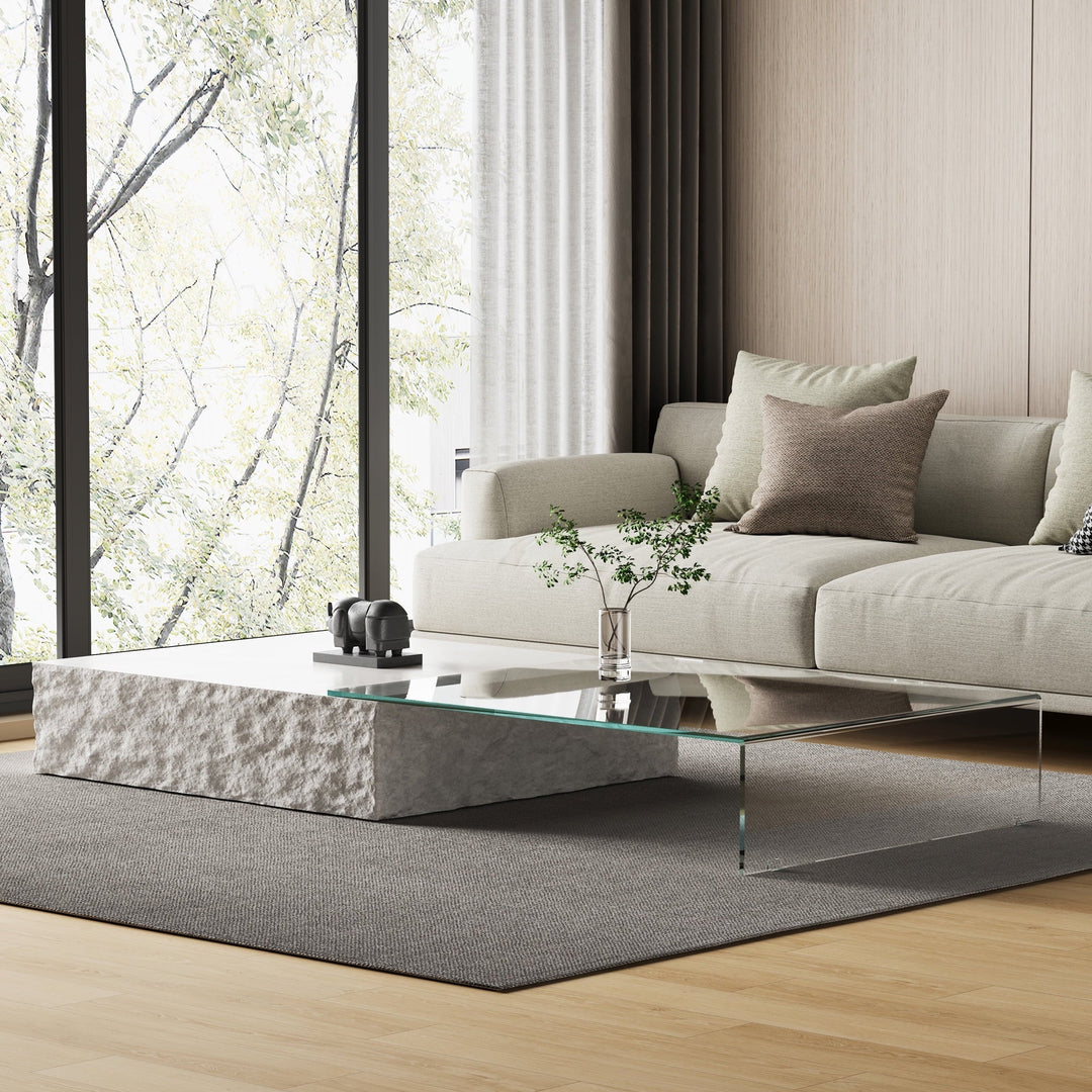 NessCarsti Extendable Faux Marble Coffee Table with Glass Center, Rectangular Cocktail Table for Living Room, Bedroom, or Office, 39.37"–74.8", White