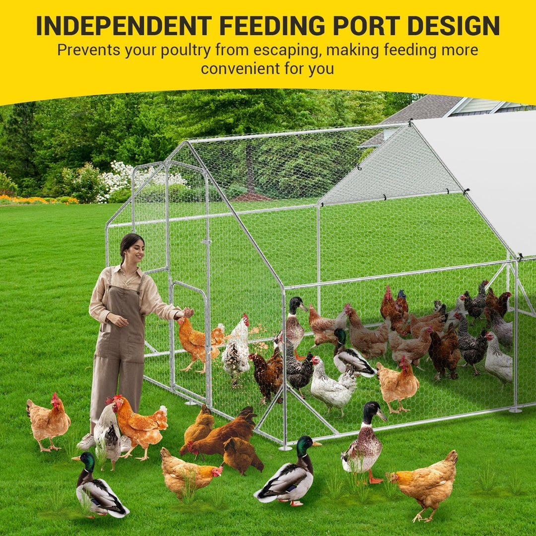 Lumiparty Large Metal Chicken Coop, Walking Poultry Cage Hen Run House Rabbits Habitat Cage Spire Shaped Coops, with Waterproof and Anti-Ultraviolet Cover for Backyard Farm, Silver