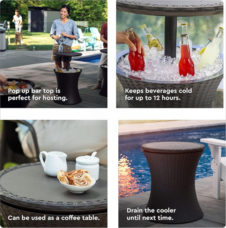 Pacific Cool Bar Outdoor Patio Furniture and Hot Tub Side Table with 7.5 Gallon Beer and Wine Cooler, Espresso Brown
