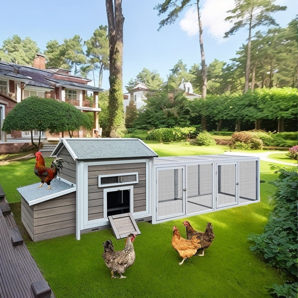 MIDOQIN 118 " Wooden Chicken Coop with Free-range Doors, Outdoor Hen House with Nesting Box & Leakproof Pull-on Tray Large Poultry Cage